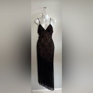 Vintage Black Lace Maxi Dress with Fringe Hem
